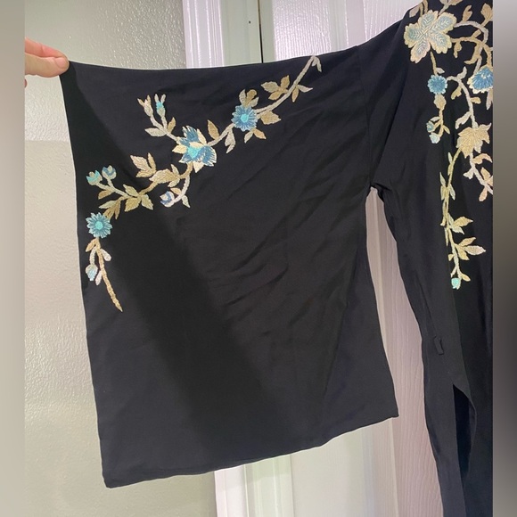Talitha Kimono 3/4 Sleeve Silk Embroidered Floral Black Small Western Indian - Picture 4 of 15